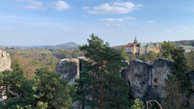 Hrubá Skála. Sandstone Rocks. Czechia, Bohemian Paradise. Castle Hotel. Pine Tree. Trosky Castle.