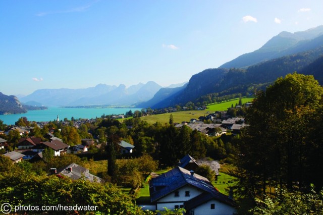 View across The Wolfgangsee and the mountains behind it from St Gilgen, Austria