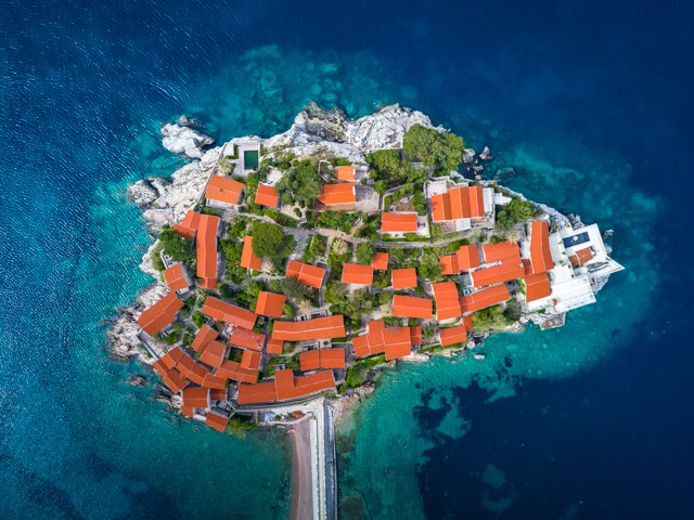 A bird’s eye view of the resort of Aman Sveti Stefan