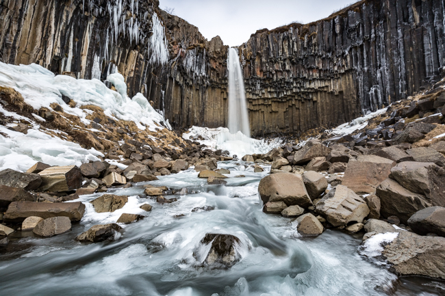 Getting low to the ground with a wide angle lens shows the stalactites on the basalt cliffs surrounds Svartifoss, Iceland