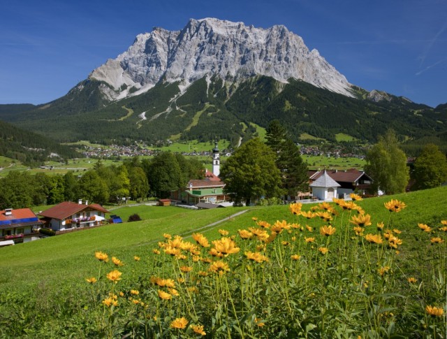 Lermoos onto the town of Ehrwald with Zugspize mountain in distance.