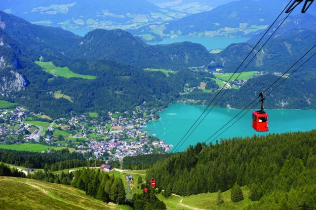 View of a village next to a lake with a cable car heading up The Zwalferhorn