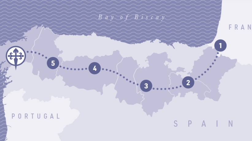 Map of the Camino Francés route showing a dotted path from France across&nbsp;to&nbsp;Spain&nbsp;