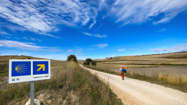 A lone hiker with a backpack and walking poles travels along a dirt path through open countryside under a bright blue sky, with a Camino de Santiago sign in the foreground pointing the way through Castilla y León.
