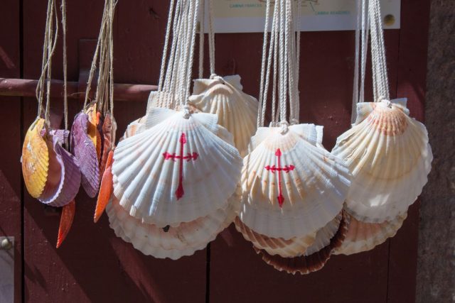 Scallop shells with red crosses, traditional Camino symbols, hang by cords on a wooden wall in warm sunlight.